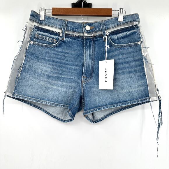 Frame Atelier Azul Sheer Insert Side & Top Border Mesh Denim Shorts Sz 29 NWT - Picture 1 of 9